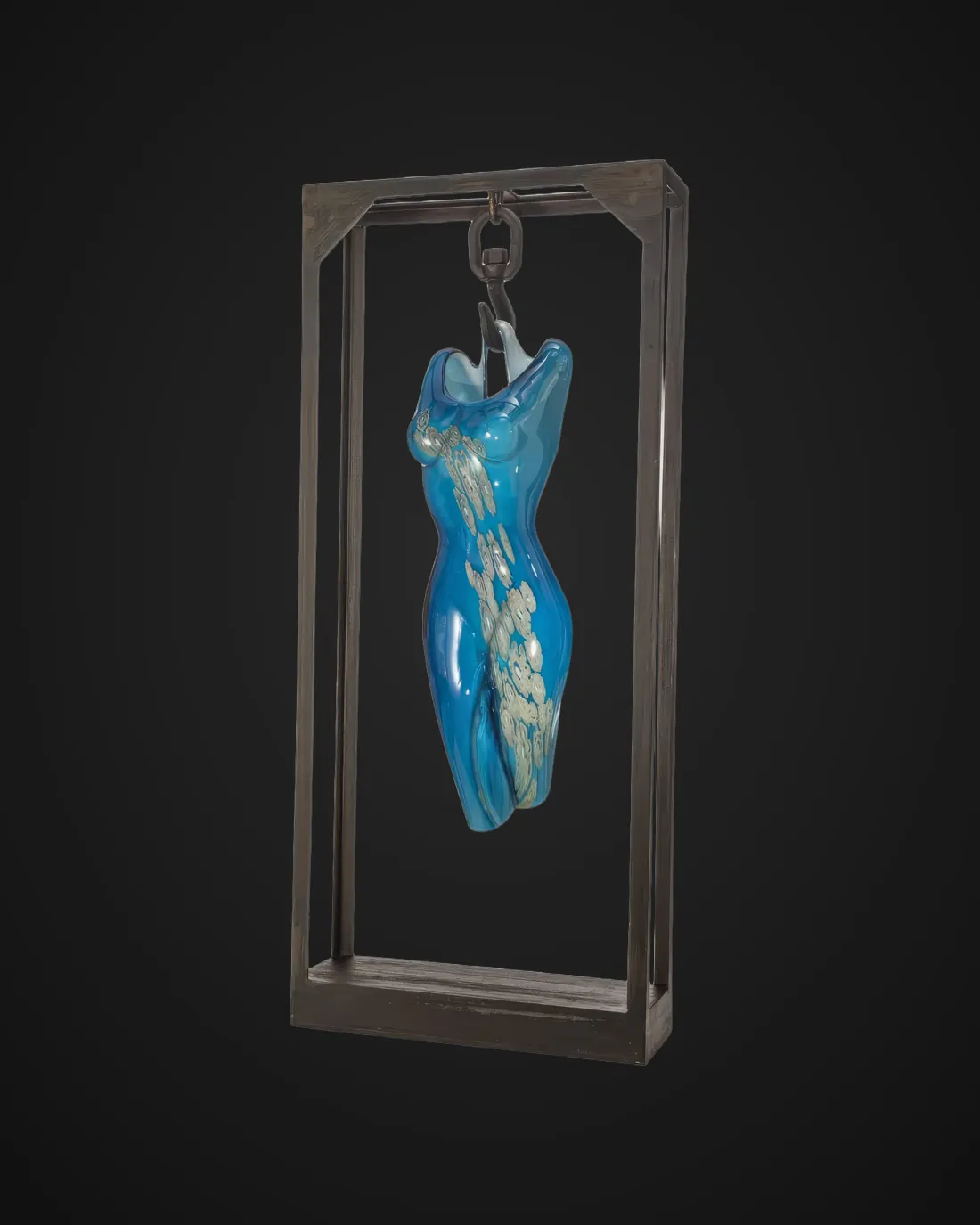 Blue blown glass torso by Alexis Silk in a steel frame