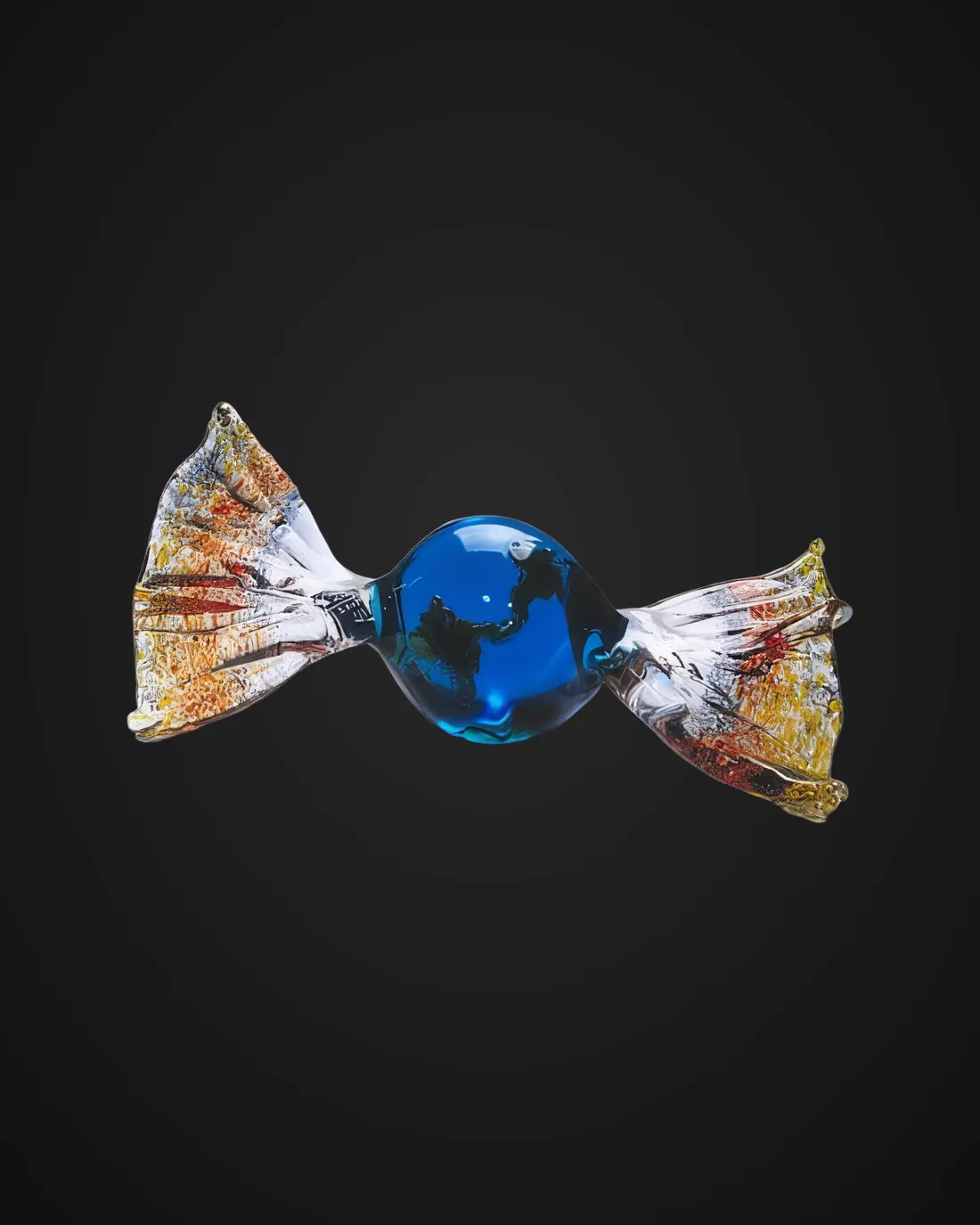 Candy-shaped glass sculpture by Vania Galli with blue sphere