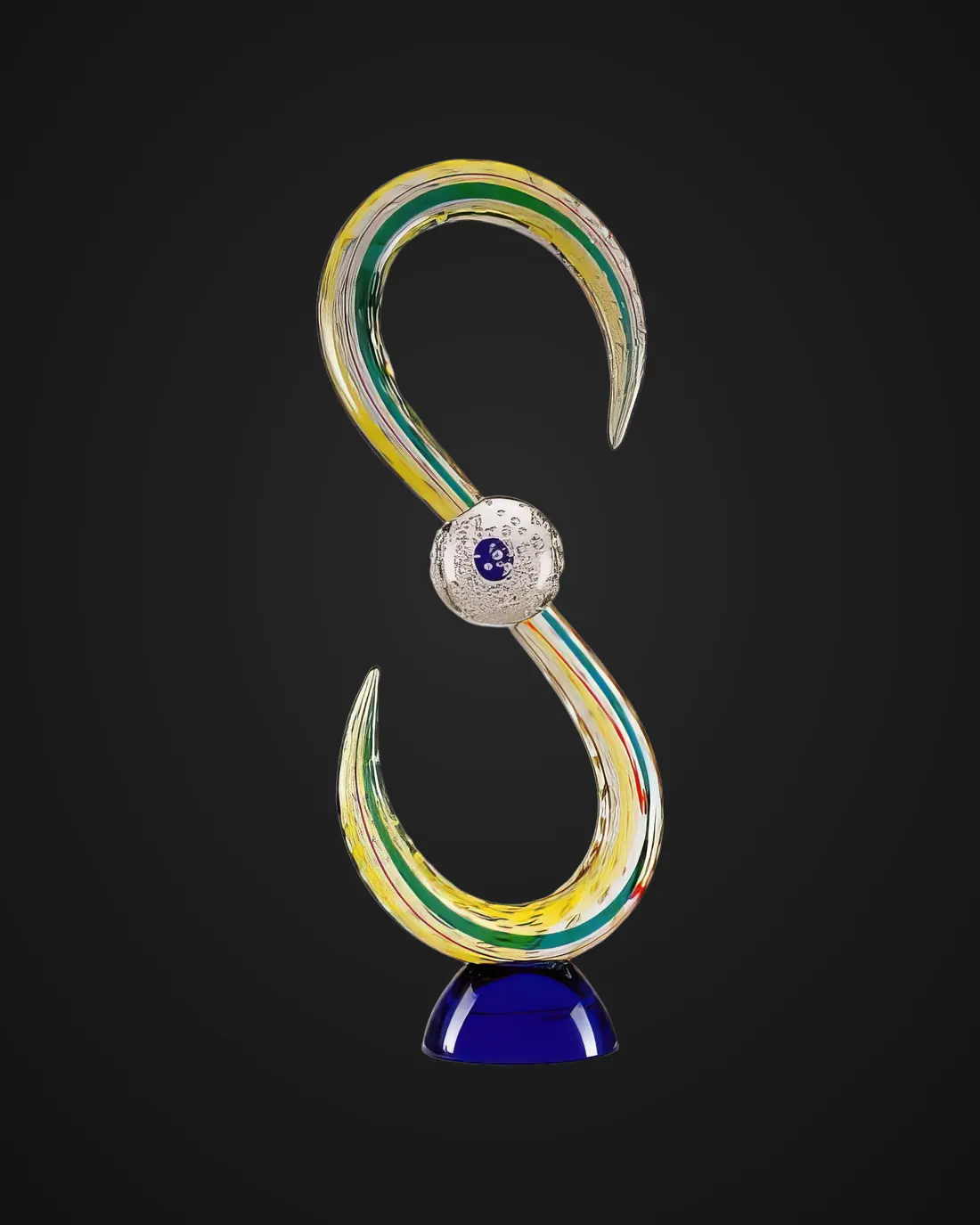 Multicoloured S-shaped Murano glass sculpture on a blue base