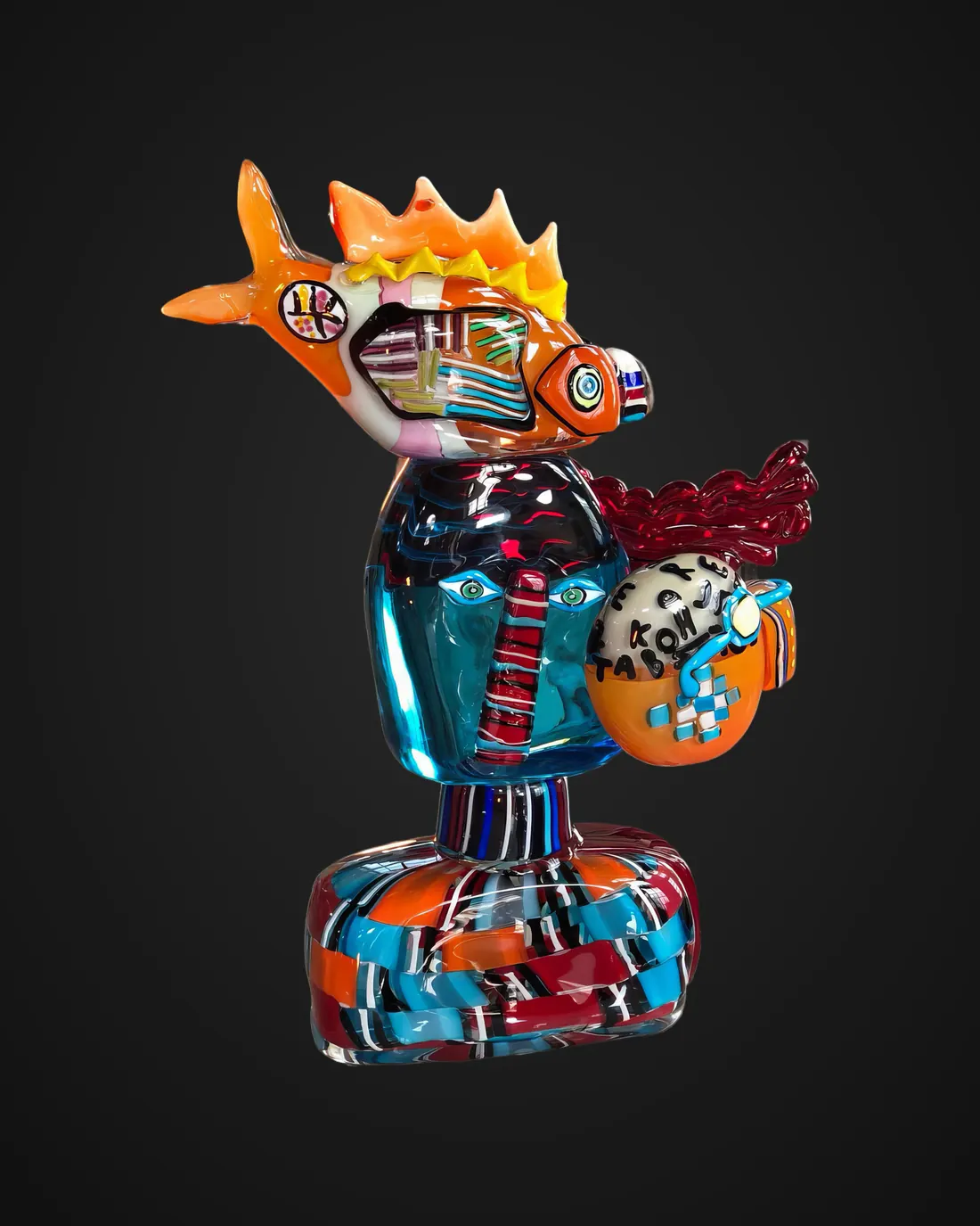 Glass sculpture by Alfredo Sosabravo: multicoloured figure with fish