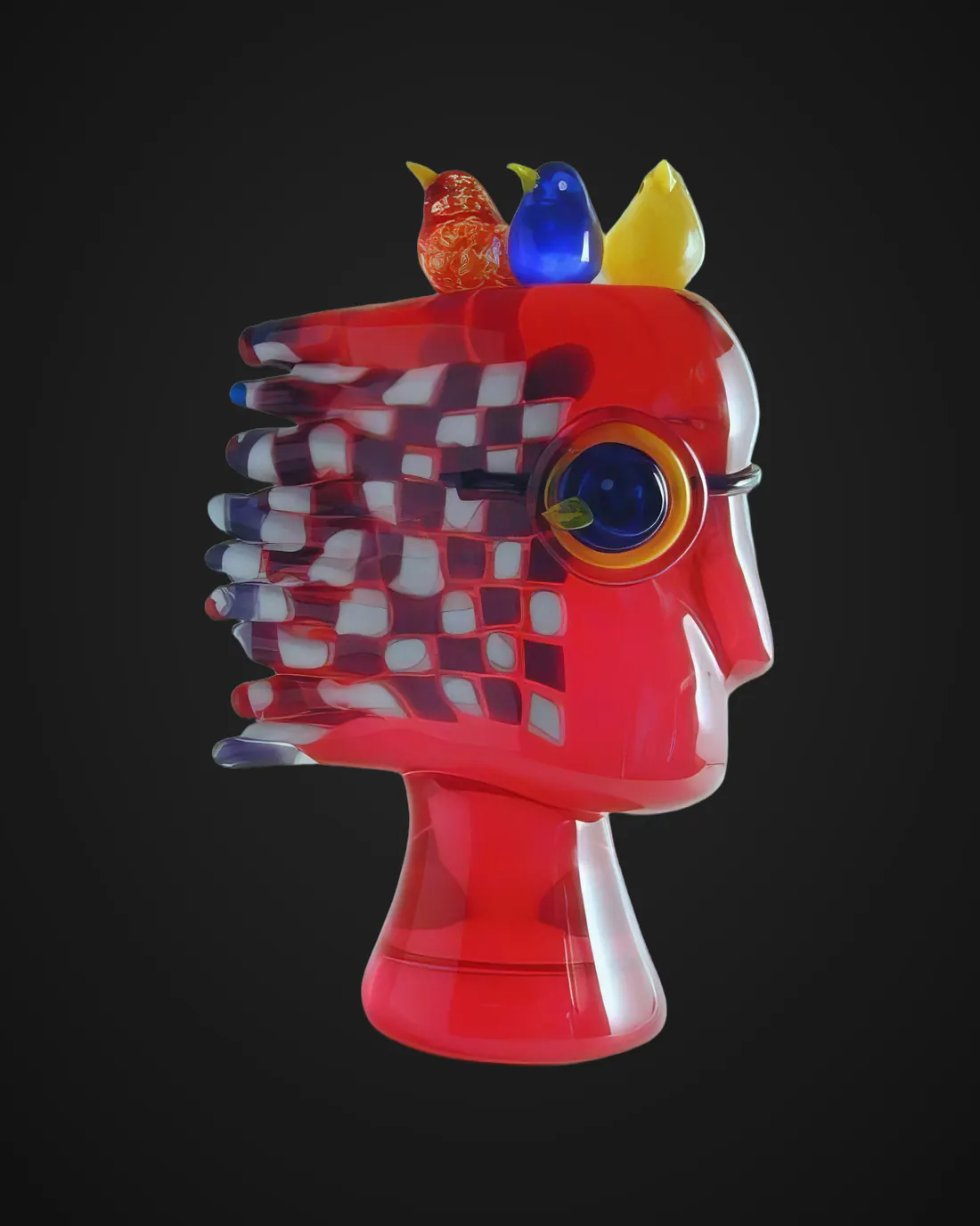 Glass sculpture by Alfredo Sosabravo: red head with little birds