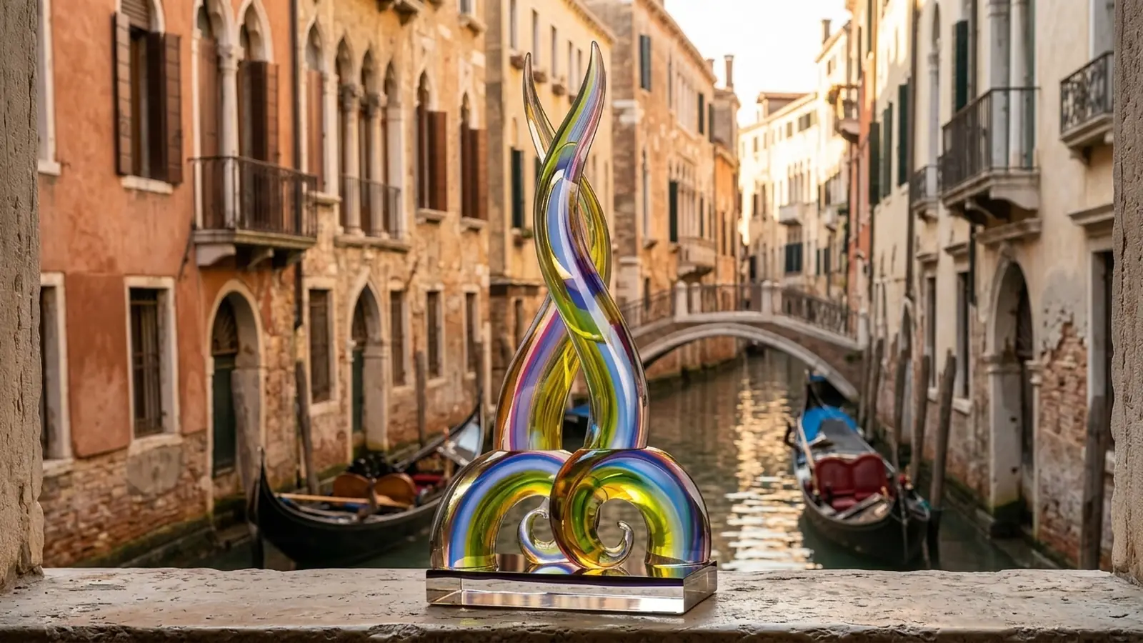 Murano glass sculpture with iridescent spirals on a windowsill above a Venice canal with gondolas