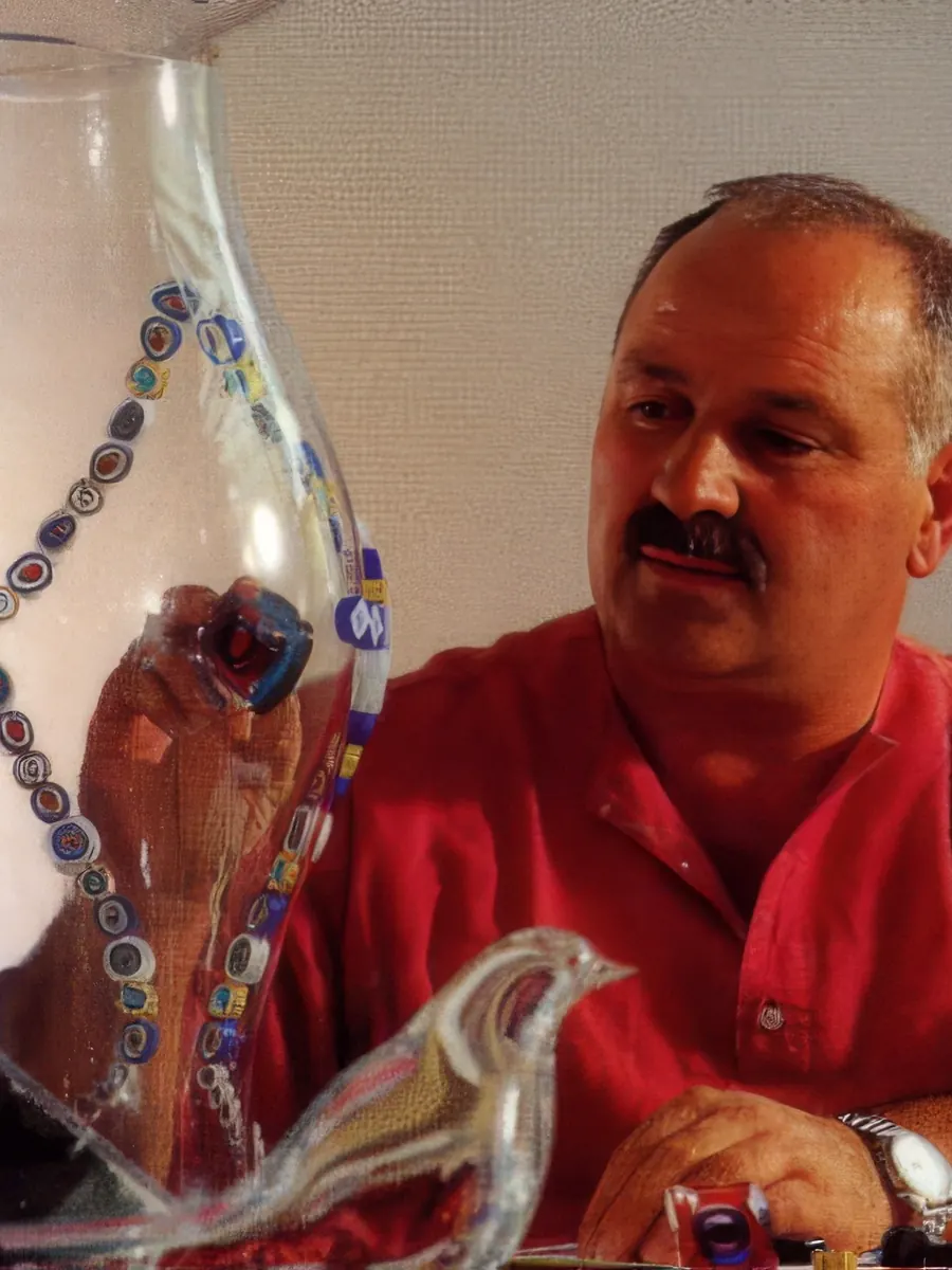 Portrait of Renzo Vianello among glass works
