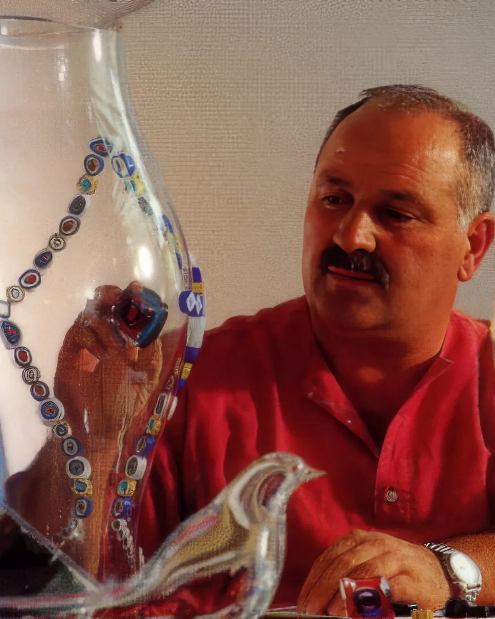 Portrait of Renzo Vianello among glass works