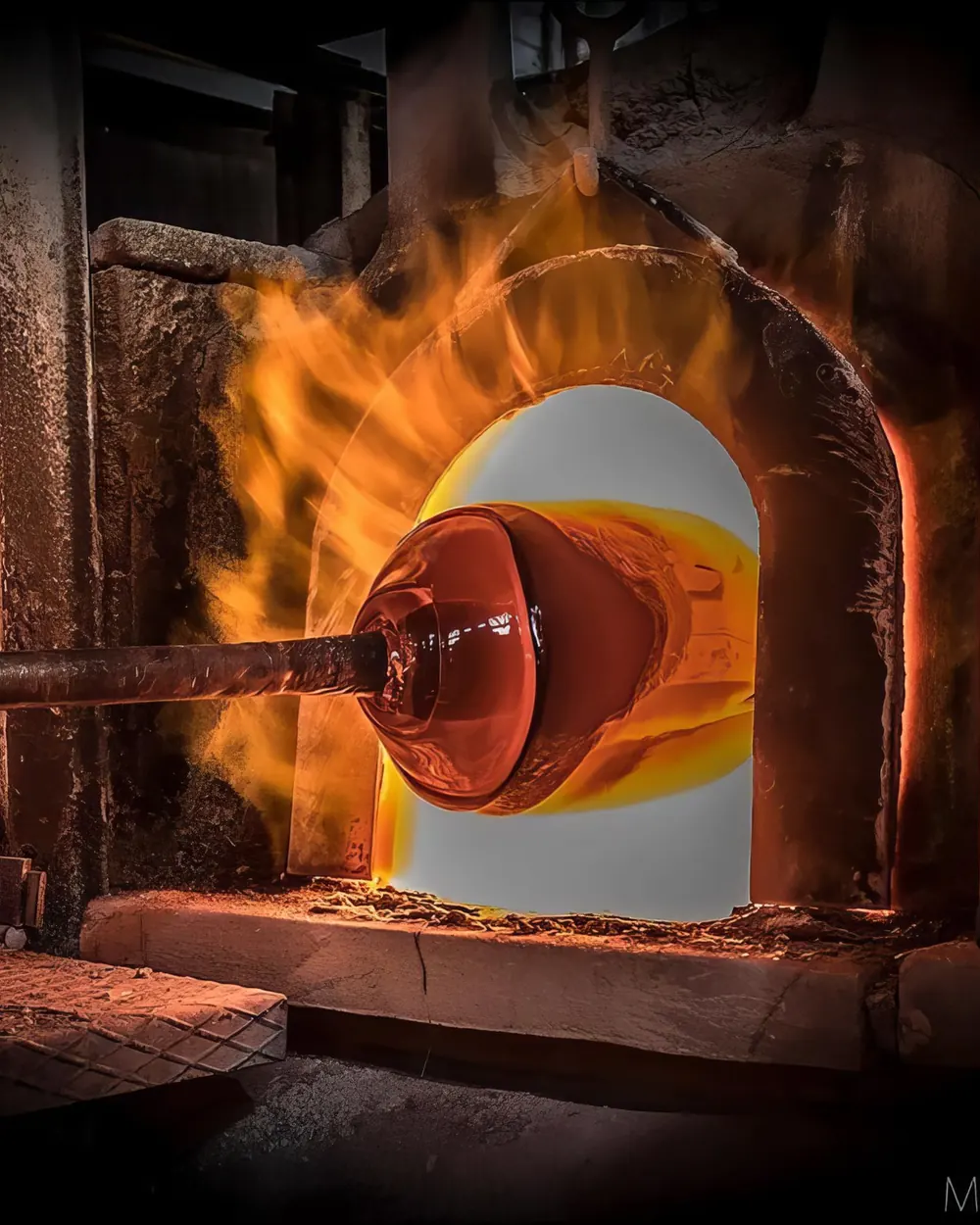 Incandescent glass taken from the furnace