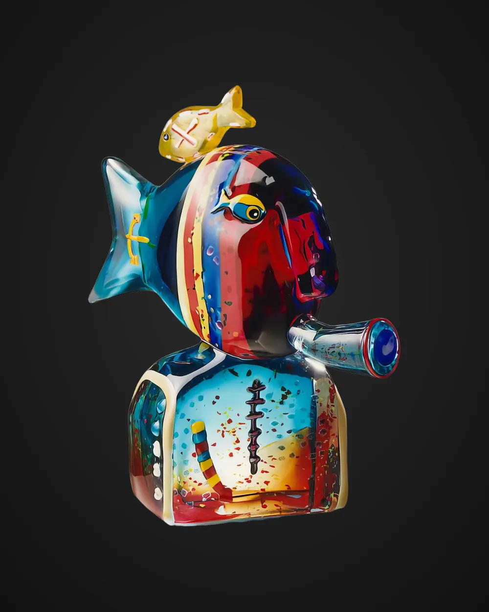 Glass sculpture by Alfredo Sosabravo: multicoloured fish-shaped bust